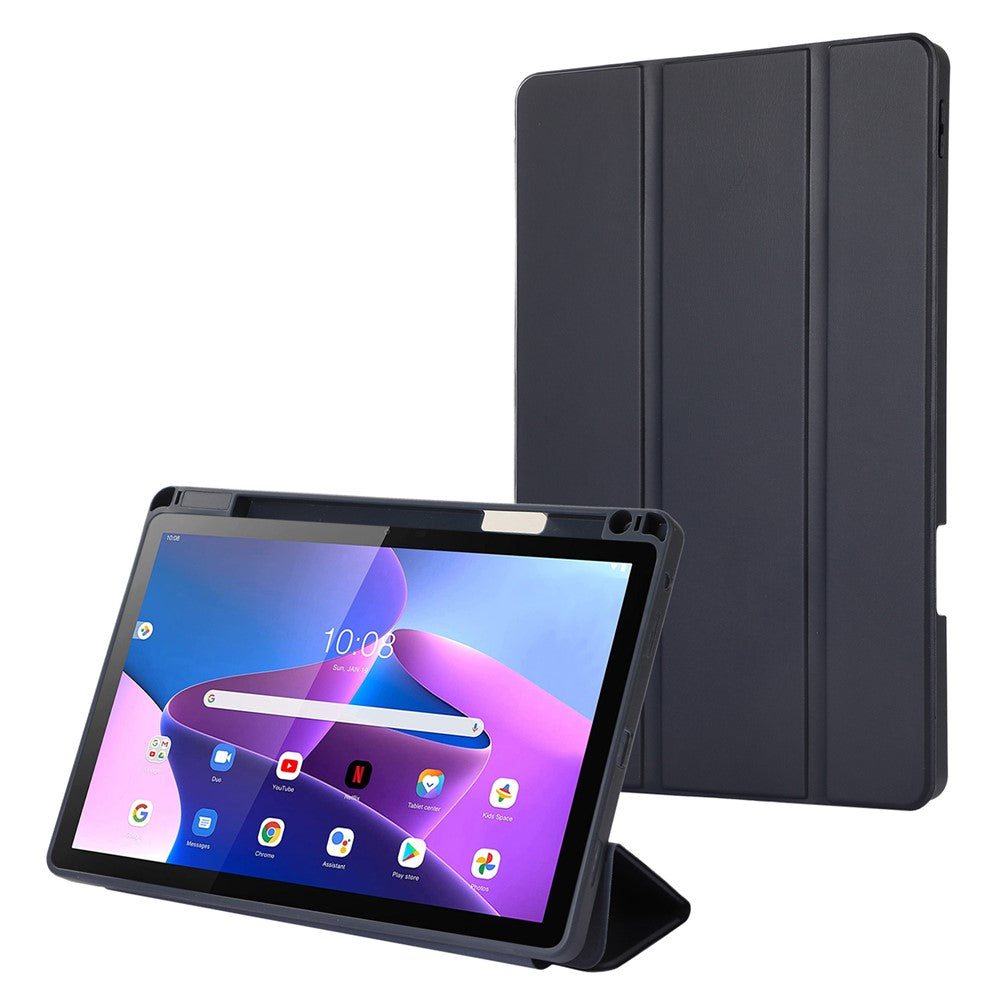 Tri-Fold Stand Cover for Lenovo Tab M10 Plus (3rd Gen) / Xiaoxin Pad 2022 10.6 inch , PU Leather Solid Color Tablet Case with Pen Holder - Blue