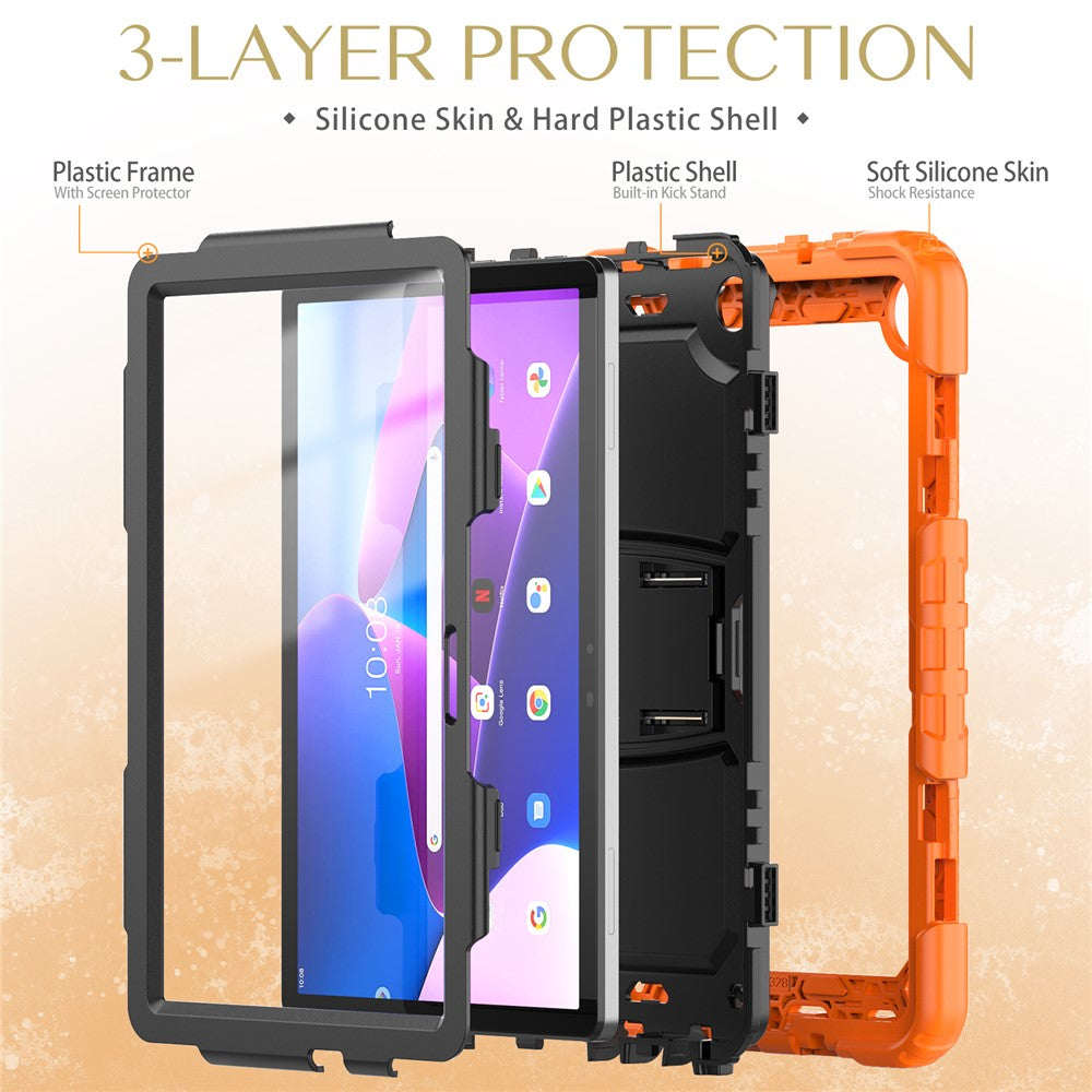 For Lenovo Tab M10 (Gen 3) TB-328F Anti-Scratch Silicone+PC Tablet Case Kickstand Cover with Strap - Orange