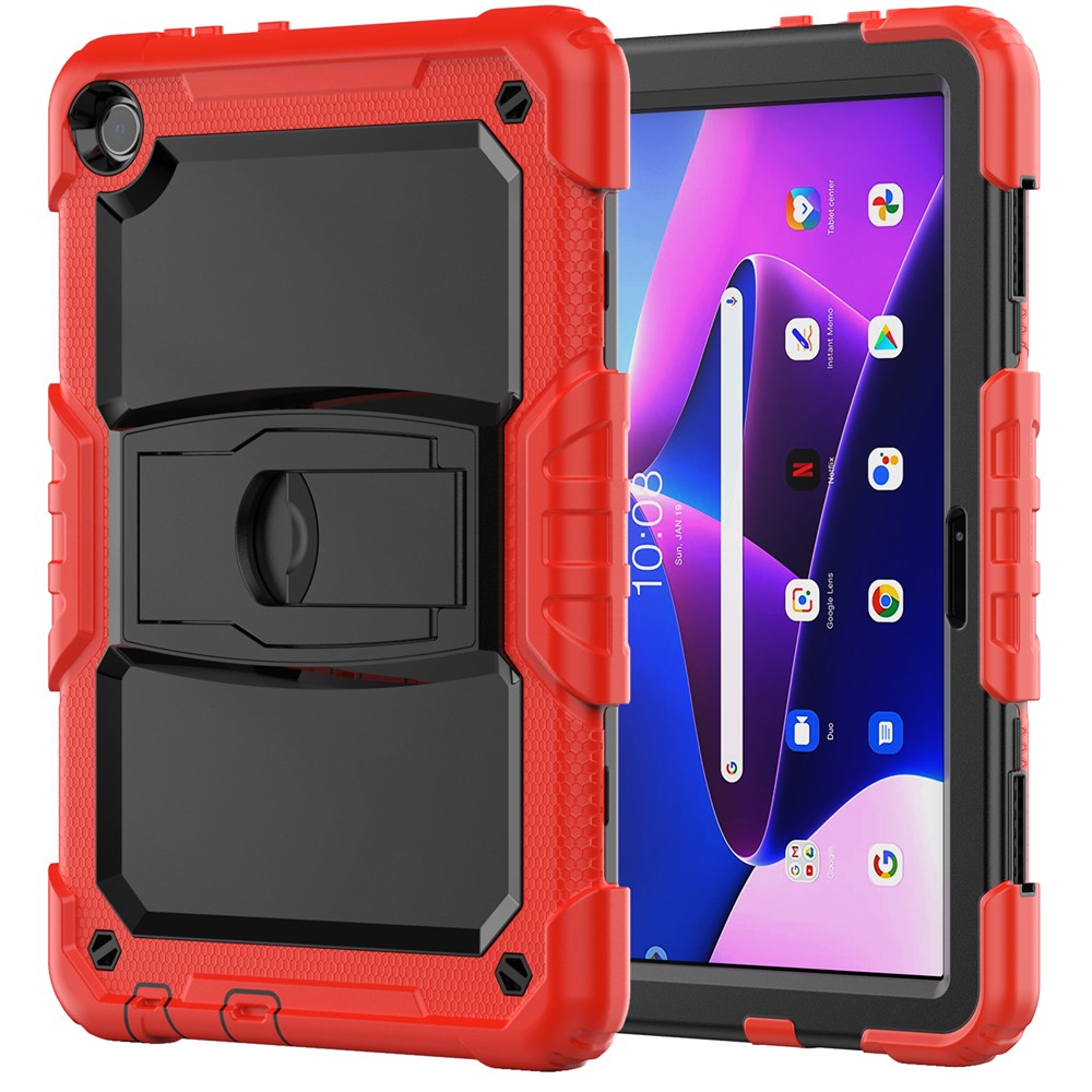 For Lenovo Tab M10 (Gen 3) TB-328F Anti-Scratch Silicone+PC Tablet Case Kickstand Cover with Strap - Red