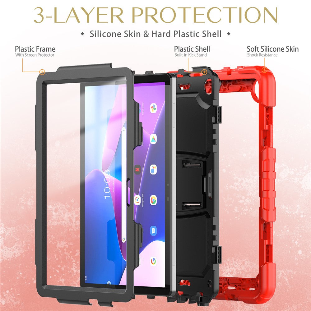 For Lenovo Tab M10 (Gen 3) TB-328F Anti-Scratch Silicone+PC Tablet Case Kickstand Cover with Strap - Red