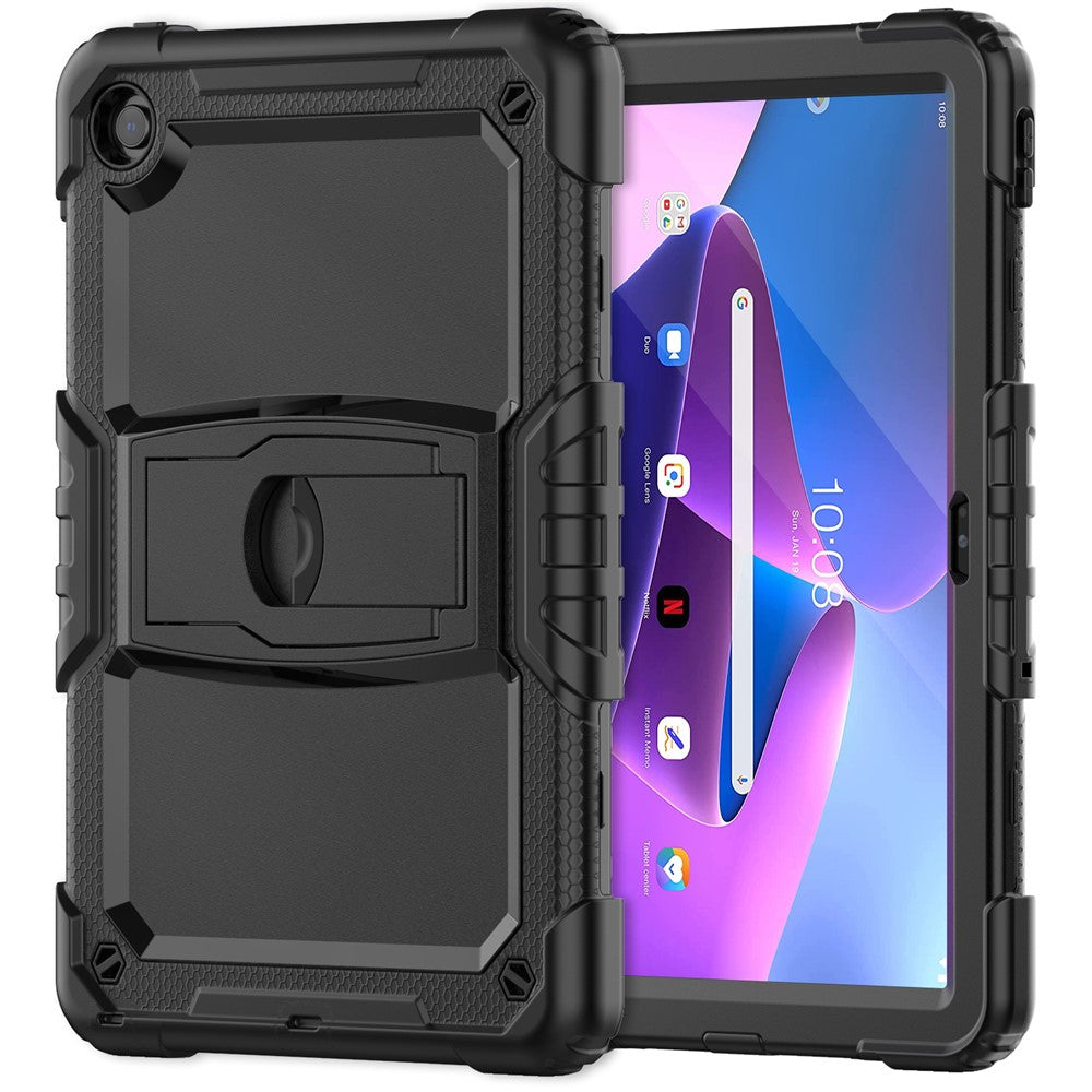 For Lenovo Tab M10 Plus (3rd Gen) 125FU / 128FU / Xiaoxin Pad 2022 10.6 inch Silicone+PC Tablet Cover Kickstand Case with Strap - Black