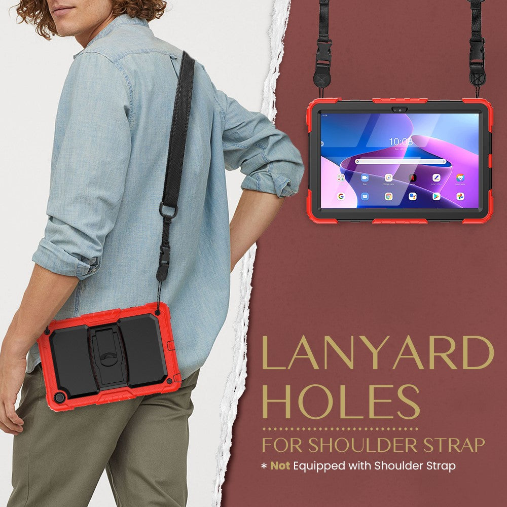 For Lenovo Tab M10 Plus (3rd Gen) 125FU / 128FU / Xiaoxin Pad 2022 10.6 inch Silicone+PC Tablet Cover Kickstand Case with Strap - Red