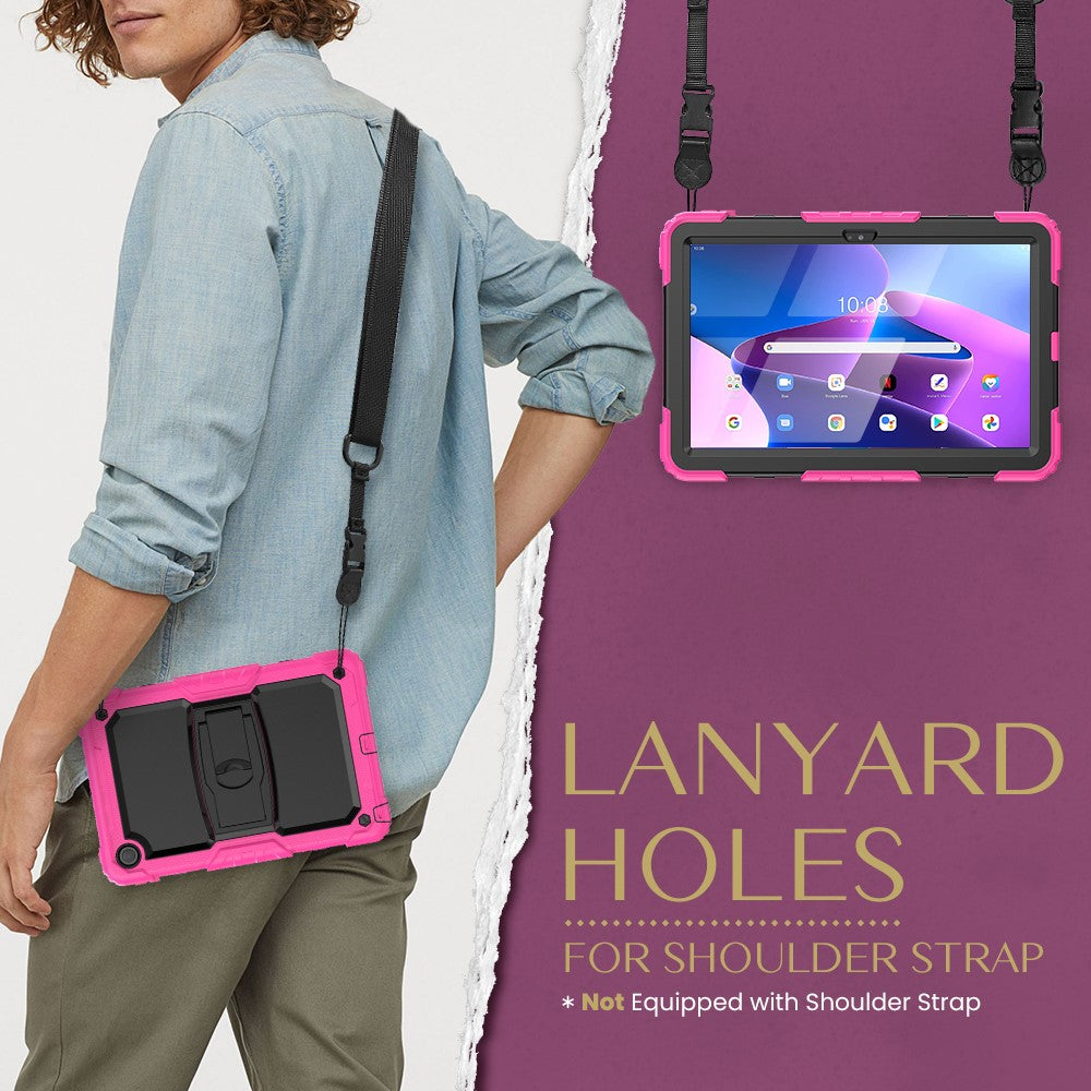 For Lenovo Tab M10 Plus (3rd Gen) 125FU / 128FU / Xiaoxin Pad 2022 10.6 inch Silicone+PC Tablet Cover Kickstand Case with Strap - Rose