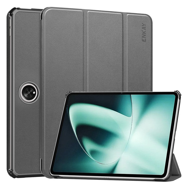 ENKAY HAT PRINCE For OnePlus Pad / Oppo Pad 2 Tablet Case PU Leather+PC Trifold Stand Cover with Auto Wake / Sleep - Grey