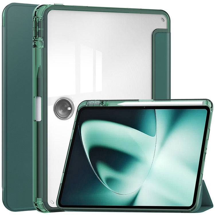 For OnePlus Pad Auto Sleep / Wake Case PU Leather + TPU + Acrylic Stand Transparent Tablet Cover with Pen Slot - Blackish Green