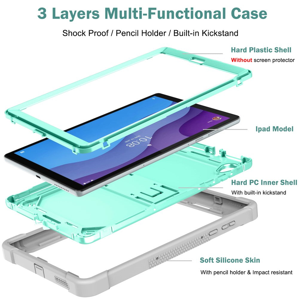 For Lenovo Tab M10 HD Gen 2 TB-X306F / TB-X306X Tablet Protective Shell Kickstand Silicone + PC Cover Case - Grey+Mint Green