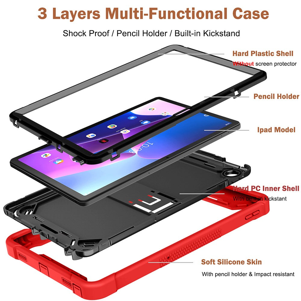 For Lenovo Tab M10 Plus (3rd Gen) / Xiaoxin Pad 2022 10.6 inch Anti-Scratch Tablet Cover Kickstand Silicone + PC Case Shell - Red+Black
