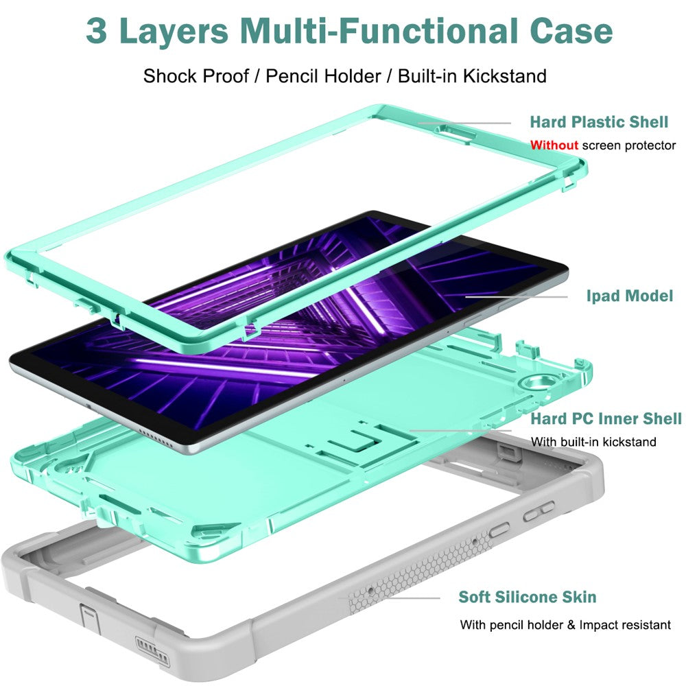 For Lenovo Tab M10 Plus Kickstand Tablet Case Silicone + PC Rugged Kids Protective Cover - Grey+Mint Green