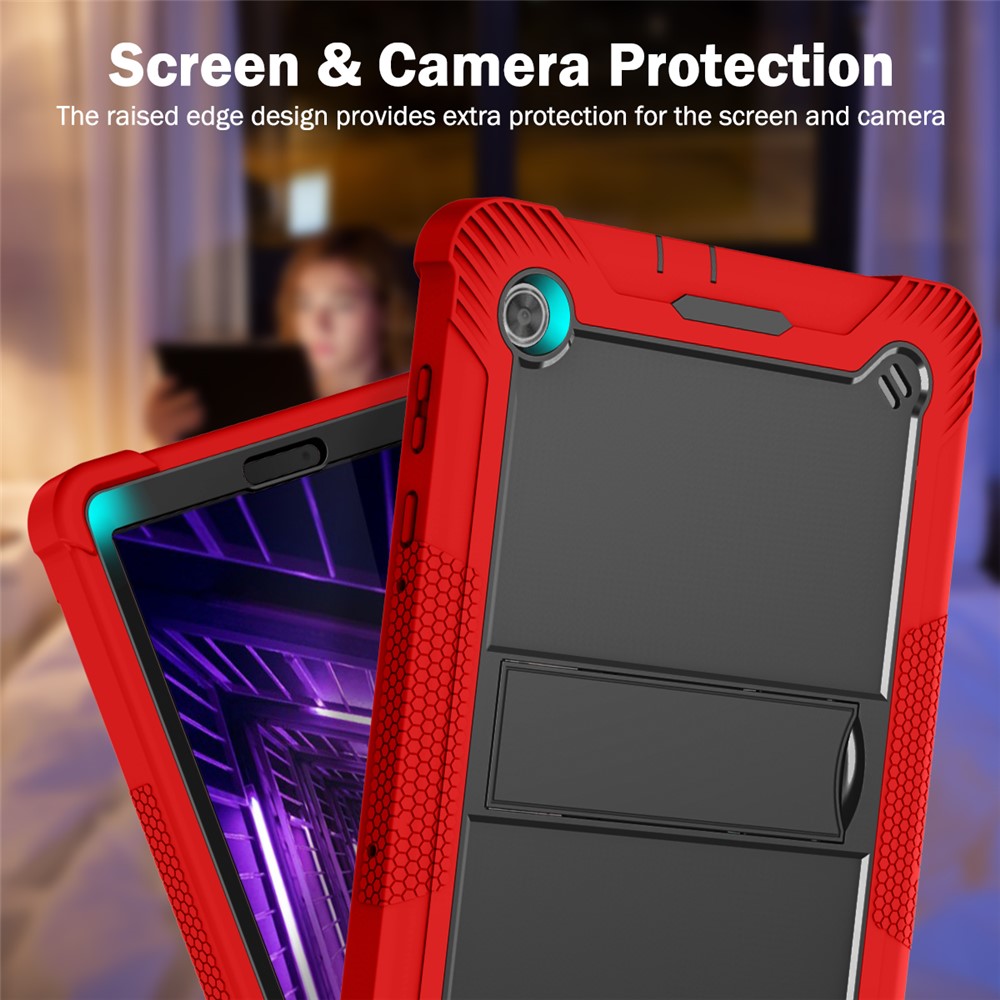 For Lenovo Tab M10 Plus Kickstand Tablet Case Silicone + PC Rugged Kids Protective Cover - Red+Black