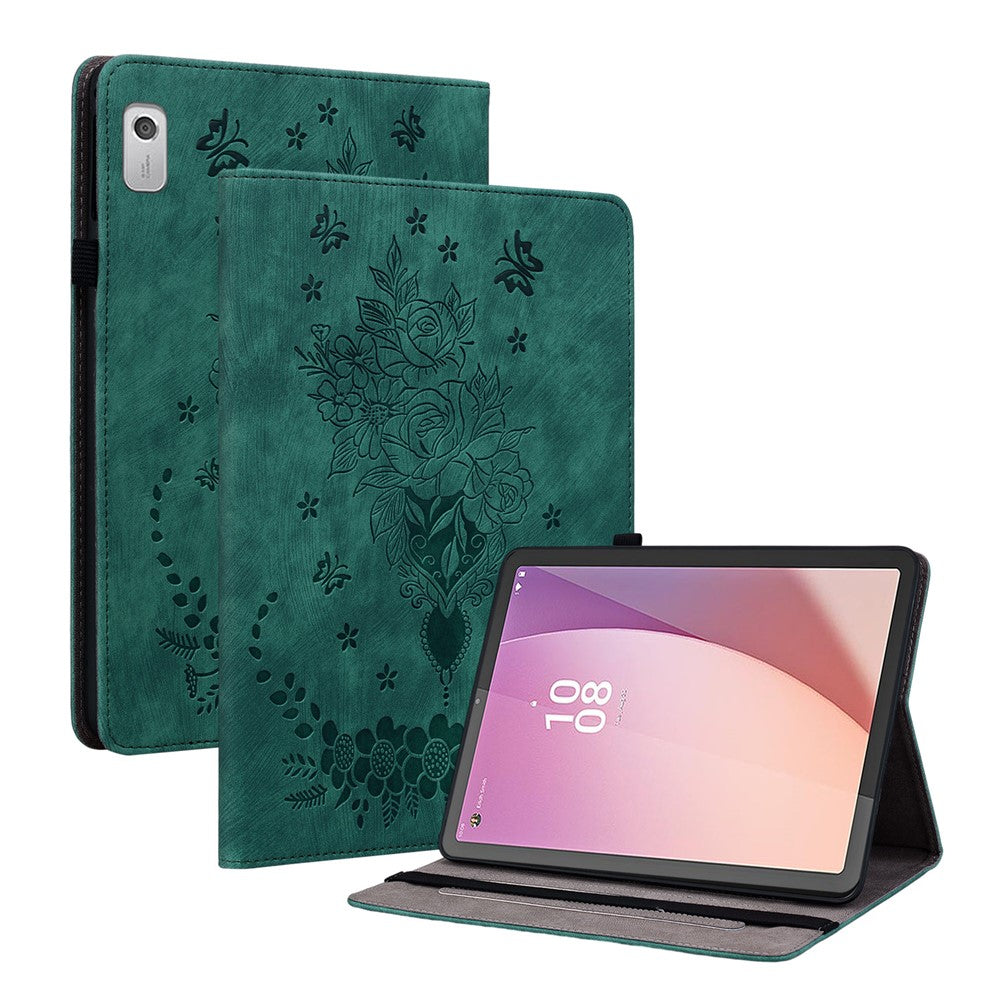 For Lenovo Tab M9 Stand Card Slots Tablet Case Imprinted PU Leather Protective Cover - Green
