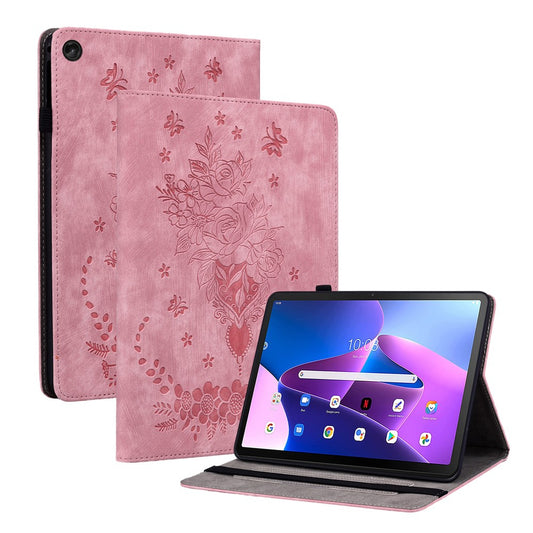 For Lenovo Tab M10 (Gen 3) Shockproof PU Leather Case Imprinted Design Stand Tablet Cover with Pen Holder - Pink