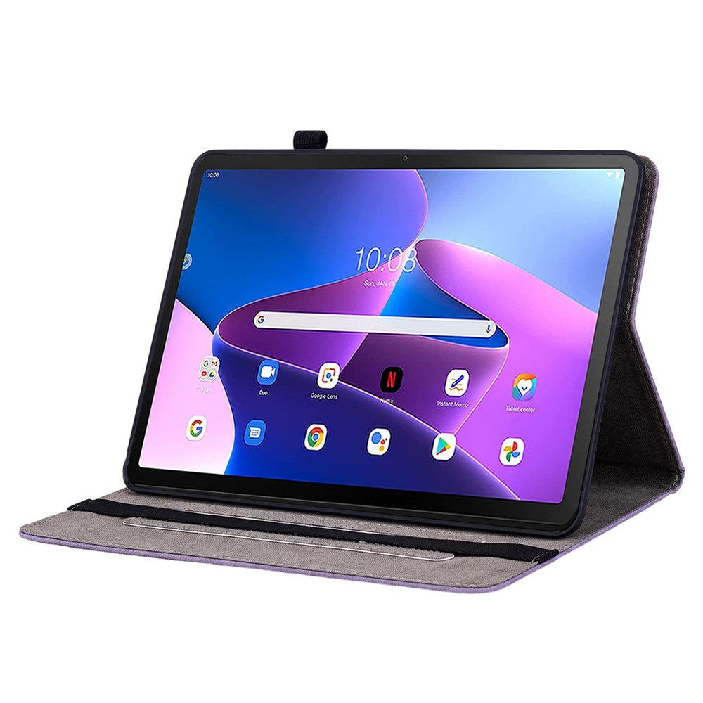 For Lenovo Tab M10 (Gen 3) Shockproof PU Leather Case Imprinted Design Stand Tablet Cover with Pen Holder - Purple