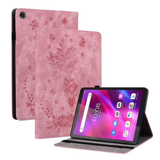 PU Leather Case for Lenovo Tab M7 (3rd Gen) Anti-drop Imprinted Tablet Stand Cover with Pen Holder - Pink