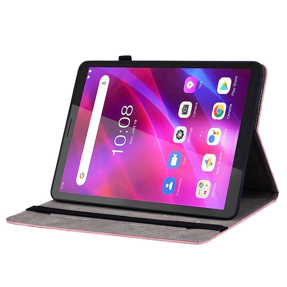 PU Leather Case for Lenovo Tab M7 (3rd Gen) Anti-drop Imprinted Tablet Stand Cover with Pen Holder - Pink