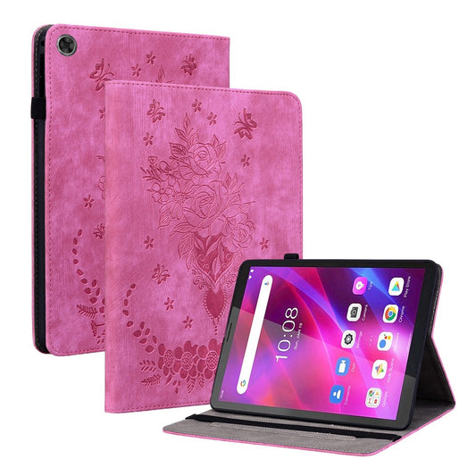 PU Leather Case for Lenovo Tab M7 (3rd Gen) Anti-drop Imprinted Tablet Stand Cover with Pen Holder - Rose