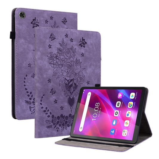 PU Leather Case for Lenovo Tab M7 (3rd Gen) Anti-drop Imprinted Tablet Stand Cover with Pen Holder - Purple