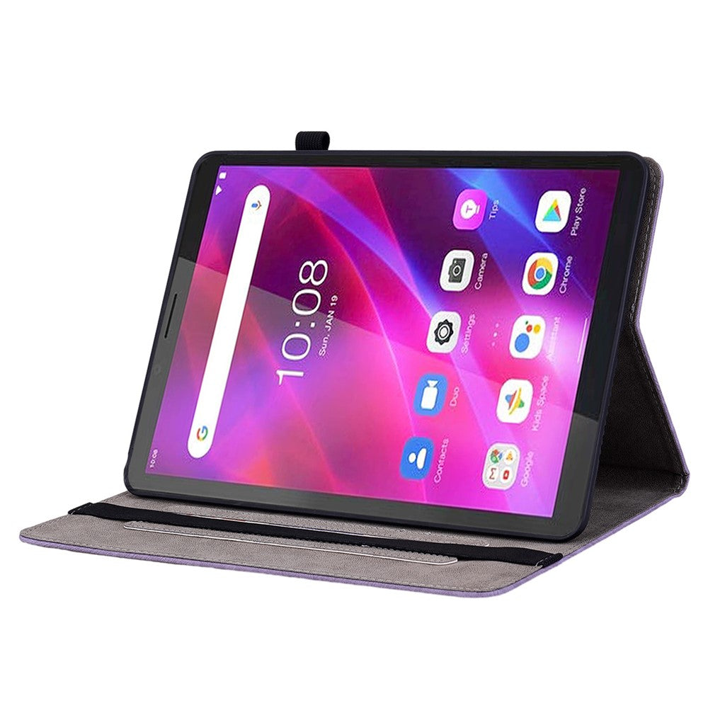 PU Leather Case for Lenovo Tab M7 (3rd Gen) Anti-drop Imprinted Tablet Stand Cover with Pen Holder - Purple