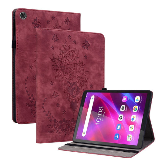 PU Leather Case for Lenovo Tab M7 (3rd Gen) Anti-drop Imprinted Tablet Stand Cover with Pen Holder - Red