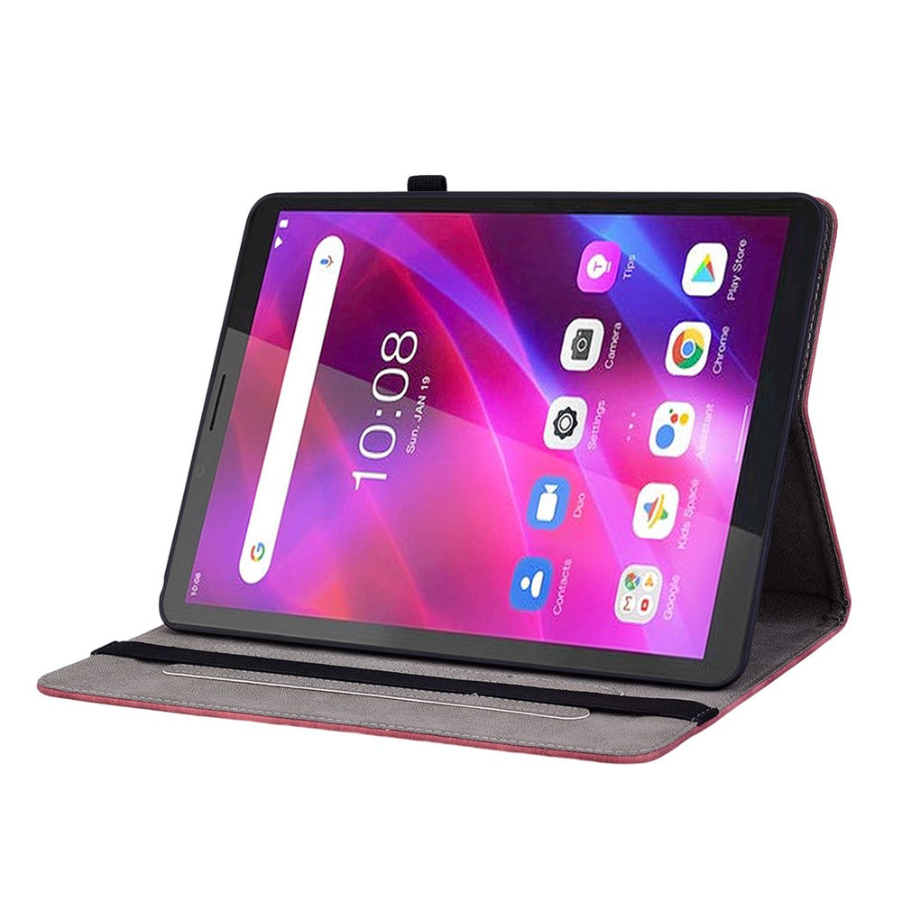 PU Leather Case for Lenovo Tab M7 (3rd Gen) Anti-drop Imprinted Tablet Stand Cover with Pen Holder - Red