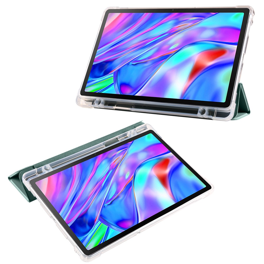 For Lenovo Tab M10 Plus (3rd Gen) Tri-Fold Stand Tablet Case Transparent Back PU Leather Flip Cover with Pencil Holder - Midnight Green
