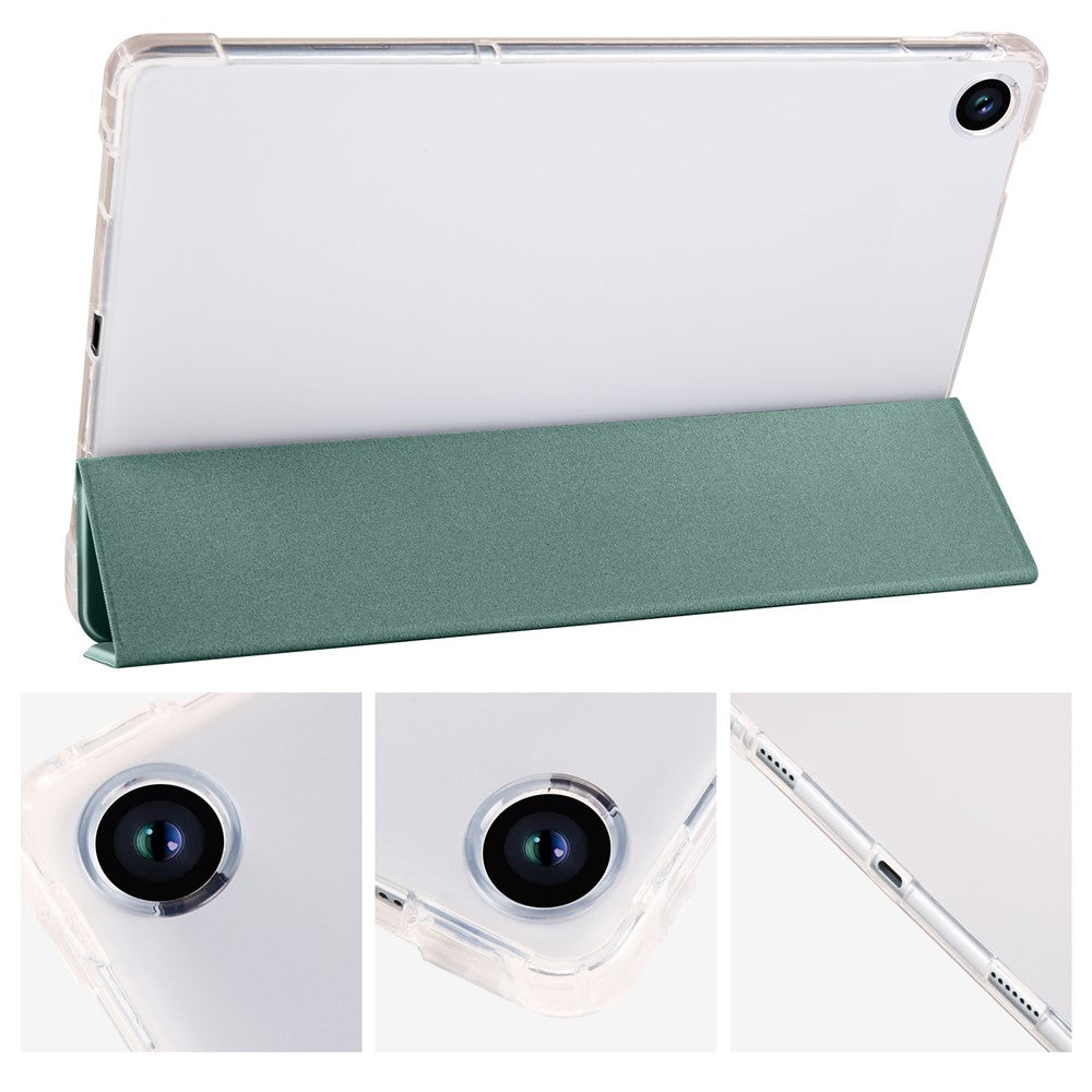 For Lenovo Tab M10 Plus (3rd Gen) Tri-Fold Stand Tablet Case Transparent Back PU Leather Flip Cover with Pencil Holder - Midnight Green