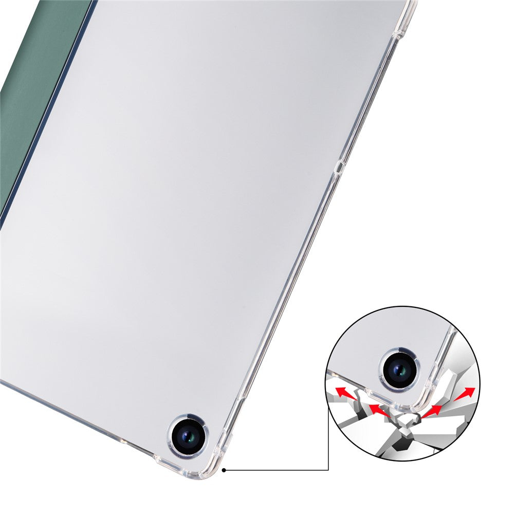 For Lenovo Tab M10 Plus (3rd Gen) Tri-Fold Stand Tablet Case Transparent Back PU Leather Flip Cover with Pencil Holder - Midnight Green