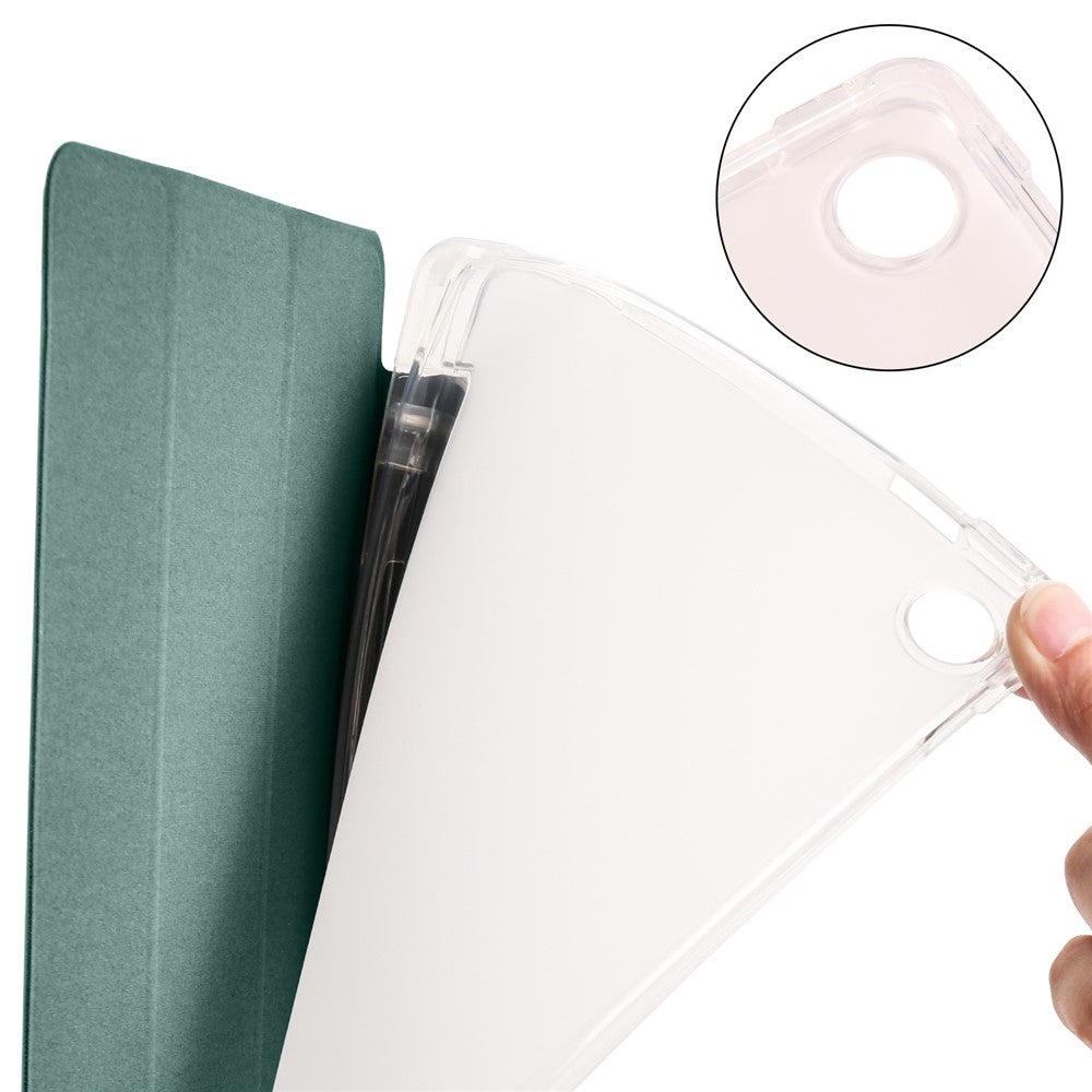 For Lenovo Tab M10 Plus (3rd Gen) Tri-Fold Stand Tablet Case Transparent Back PU Leather Flip Cover with Pencil Holder - Midnight Green