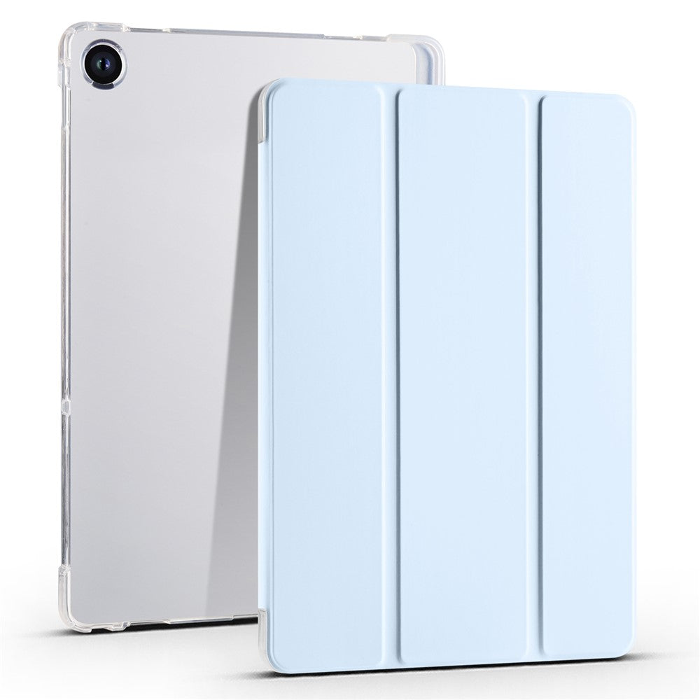 For Lenovo Tab M10 Plus (3rd Gen) Tri-Fold Stand Tablet Case Transparent Back PU Leather Flip Cover with Pencil Holder - Baby Blue