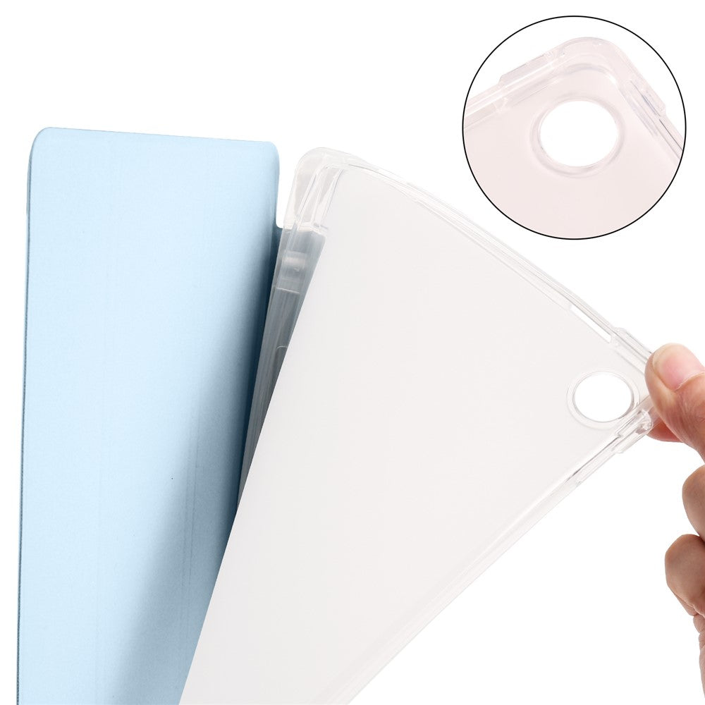 For Lenovo Tab M10 Plus (3rd Gen) Tri-Fold Stand Tablet Case Transparent Back PU Leather Flip Cover with Pencil Holder - Baby Blue