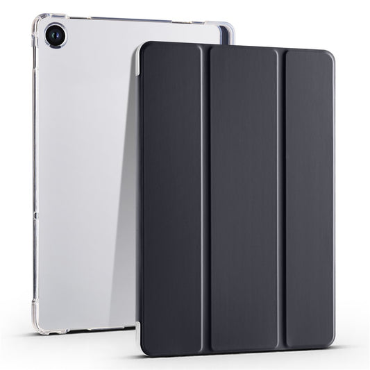 For Lenovo Tab M10 Plus (3rd Gen) Tri-Fold Stand Tablet Case Transparent Back PU Leather Flip Cover with Pencil Holder - Black
