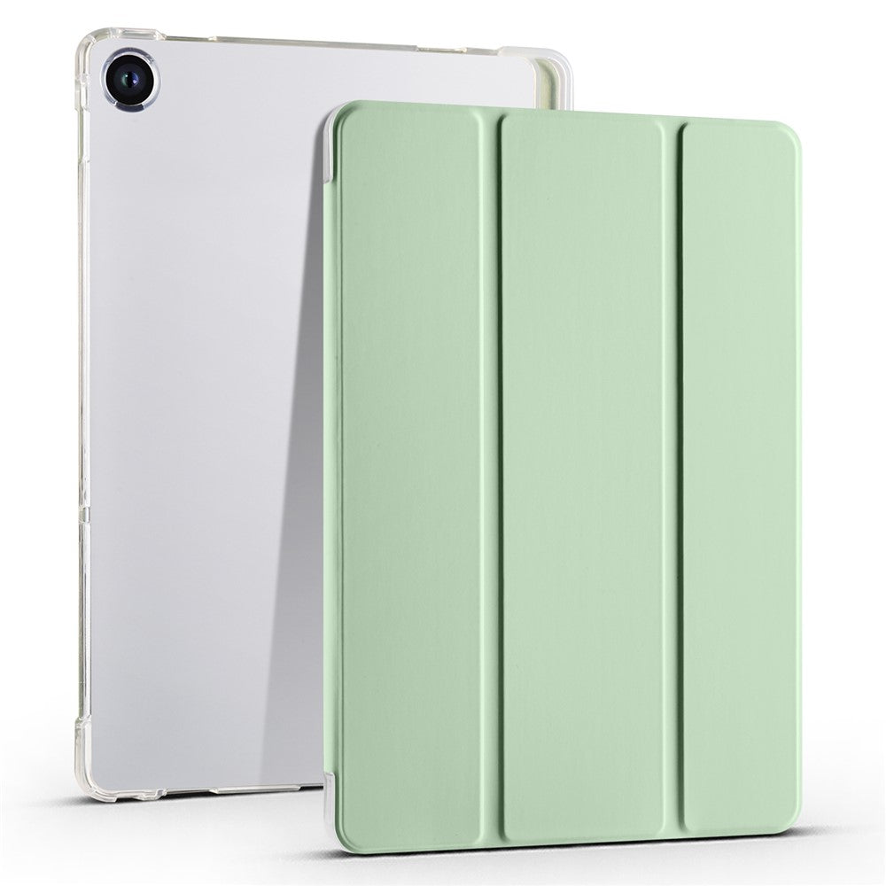 For Lenovo Tab M10 Plus (3rd Gen) Tri-Fold Stand Tablet Case Transparent Back PU Leather Flip Cover with Pencil Holder - Matcha Green