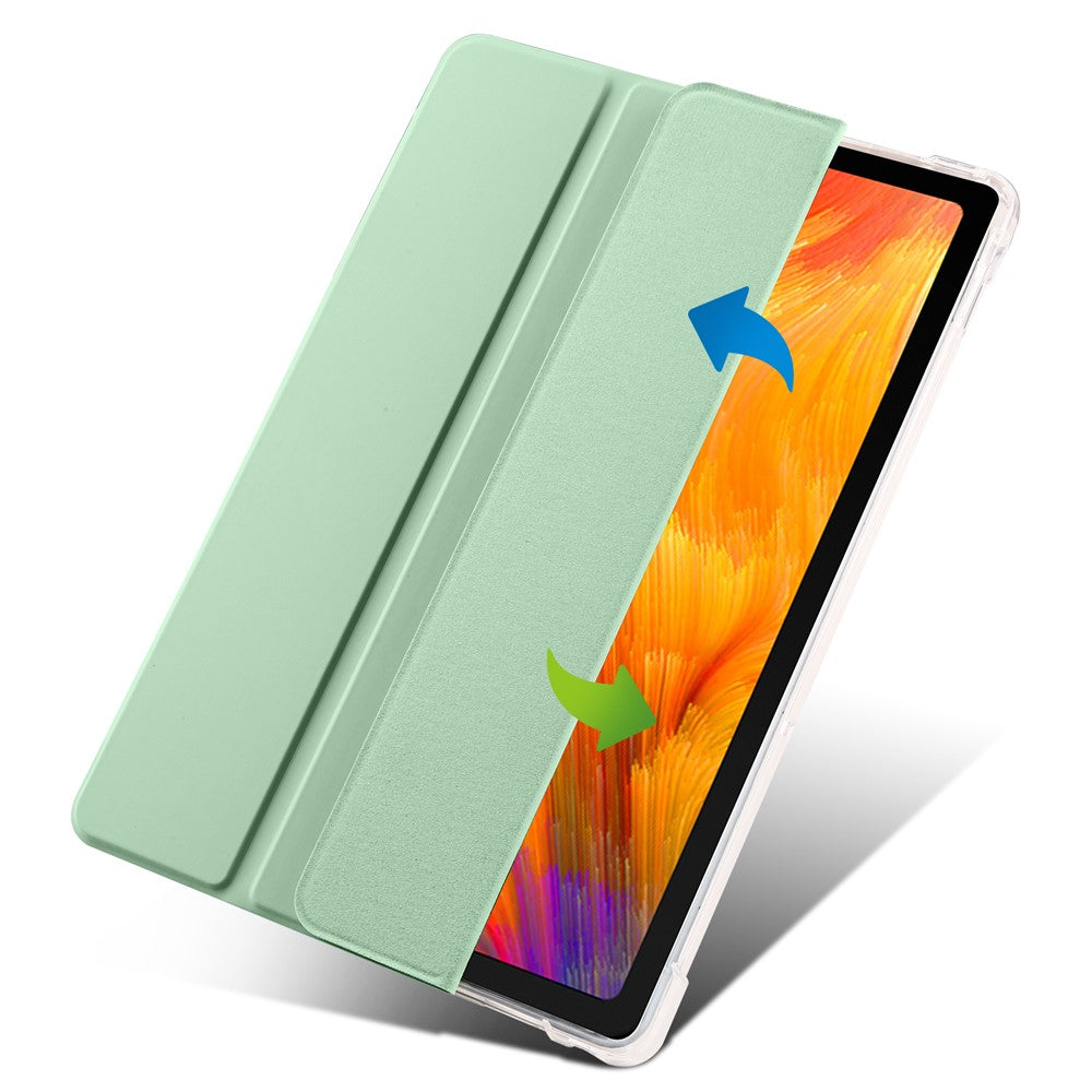 For Lenovo Tab M10 Plus (3rd Gen) Tri-Fold Stand Tablet Case Transparent Back PU Leather Flip Cover with Pencil Holder - Matcha Green