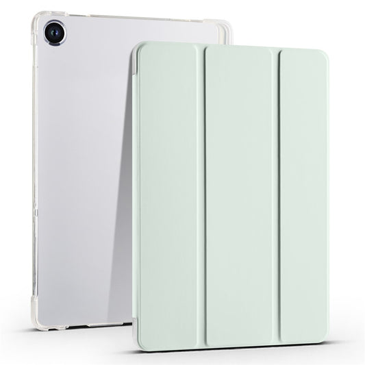 For Lenovo Tab M10 Plus (3rd Gen) Tri-Fold Stand Tablet Case Transparent Back PU Leather Flip Cover with Pencil Holder - Light Green