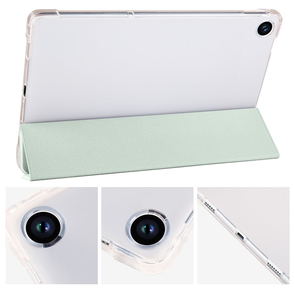For Lenovo Tab M10 Plus (3rd Gen) Tri-Fold Stand Tablet Case Transparent Back PU Leather Flip Cover with Pencil Holder - Light Green