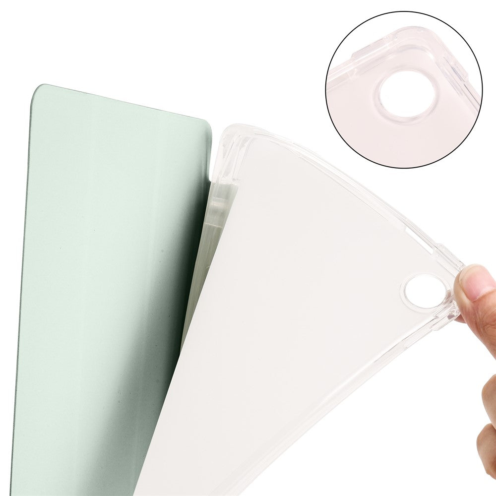 For Lenovo Tab M10 Plus (3rd Gen) Tri-Fold Stand Tablet Case Transparent Back PU Leather Flip Cover with Pencil Holder - Light Green