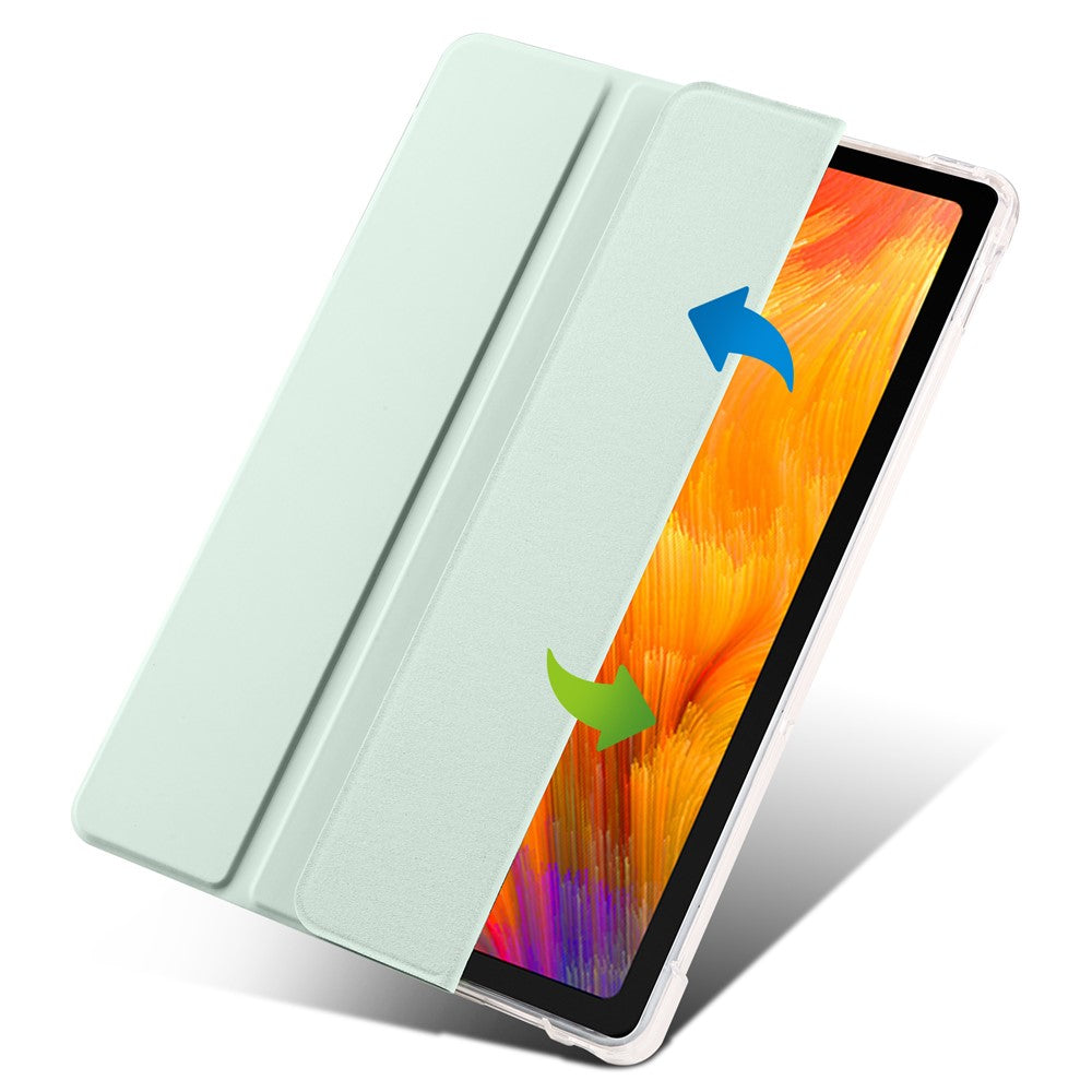 For Lenovo Tab M10 Plus (3rd Gen) Tri-Fold Stand Tablet Case Transparent Back PU Leather Flip Cover with Pencil Holder - Light Green