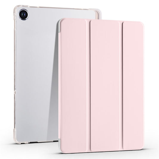 For Lenovo Tab M10 Plus (3rd Gen) Tri-Fold Stand Tablet Case Transparent Back PU Leather Flip Cover with Pencil Holder - Pink