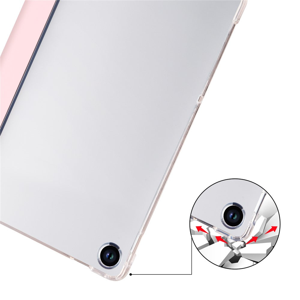 For Lenovo Tab M10 Plus (3rd Gen) Tri-Fold Stand Tablet Case Transparent Back PU Leather Flip Cover with Pencil Holder - Pink
