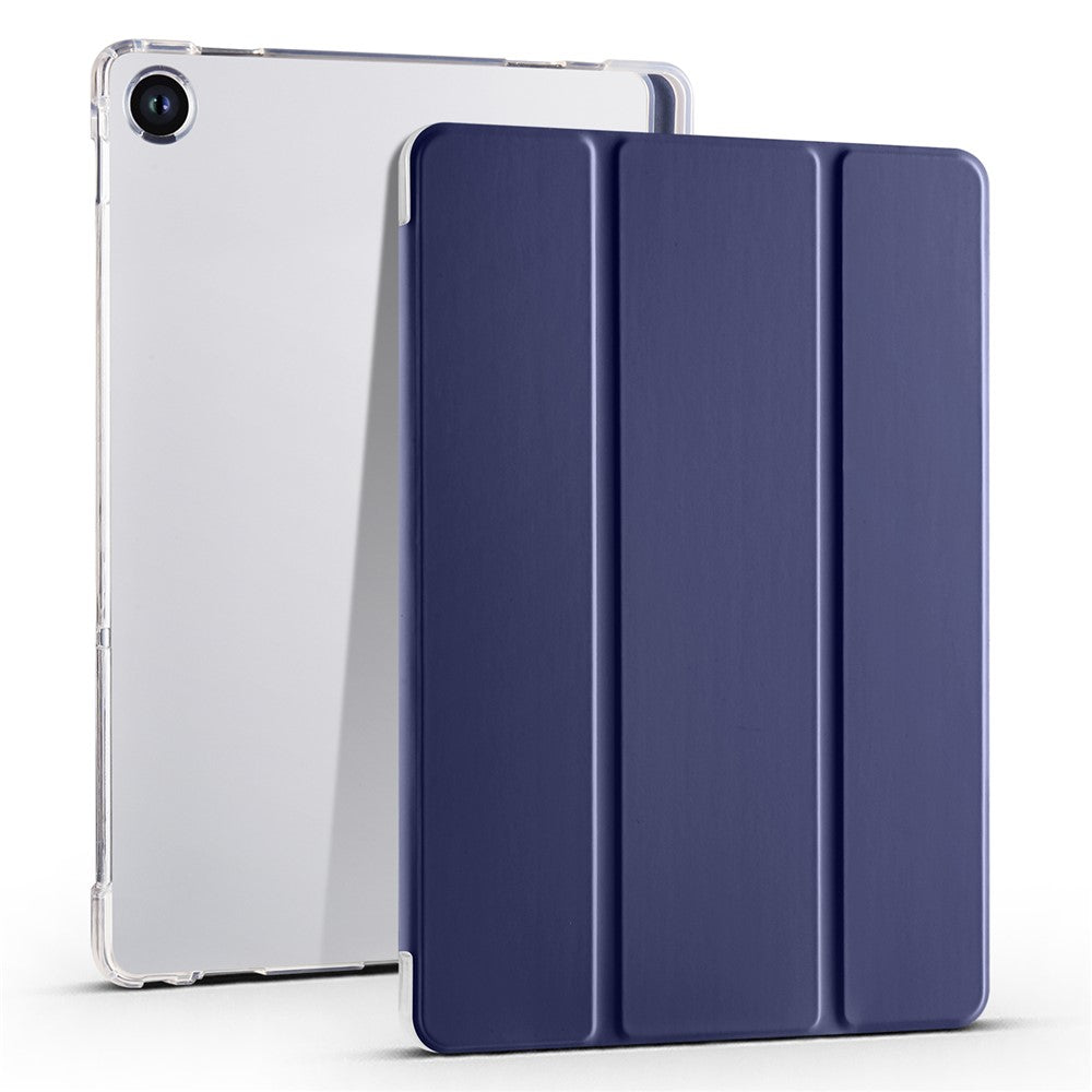 For Lenovo Tab M10 Plus (3rd Gen) Tri-Fold Stand Tablet Case Transparent Back PU Leather Flip Cover with Pencil Holder - Dark Blue