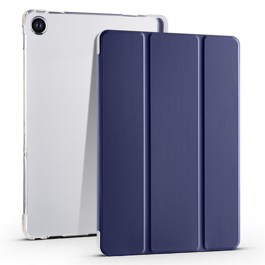 For Lenovo Tab M10 Plus (3rd Gen) Tri-Fold Stand Tablet Case Transparent Back PU Leather Flip Cover with Pencil Holder - Dark Blue