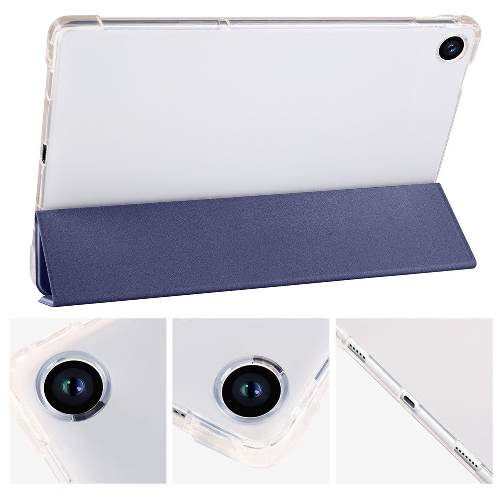 For Lenovo Tab M10 Plus (3rd Gen) Tri-Fold Stand Tablet Case Transparent Back PU Leather Flip Cover with Pencil Holder - Dark Blue