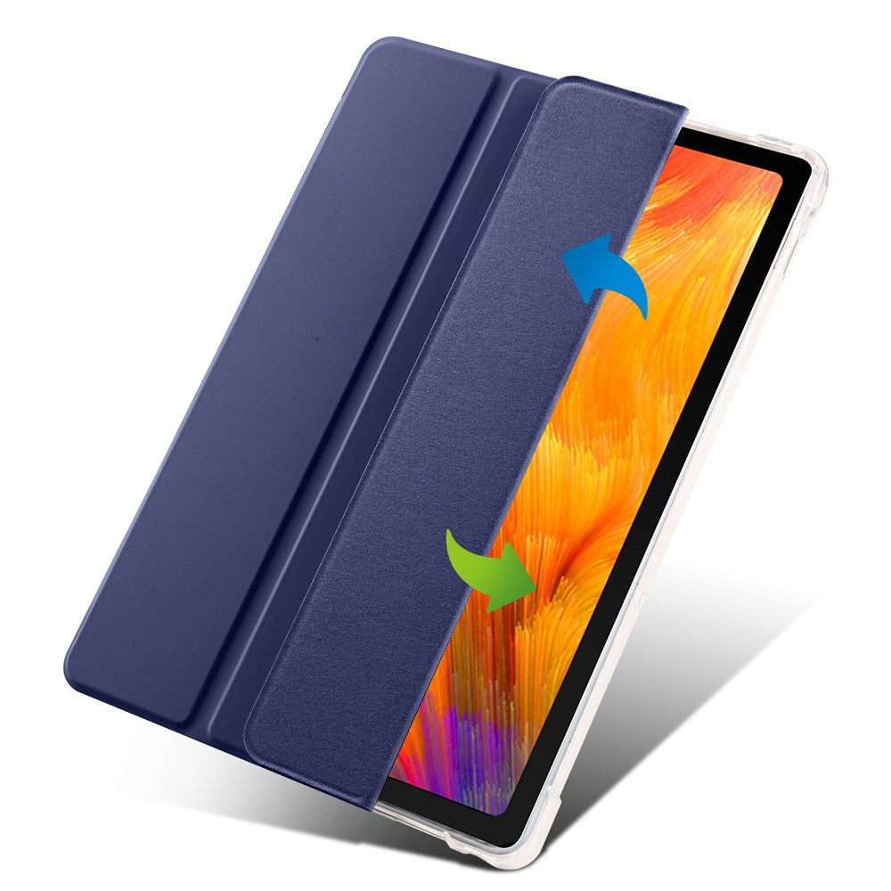 For Lenovo Tab M10 Plus (3rd Gen) Tri-Fold Stand Tablet Case Transparent Back PU Leather Flip Cover with Pencil Holder - Dark Blue