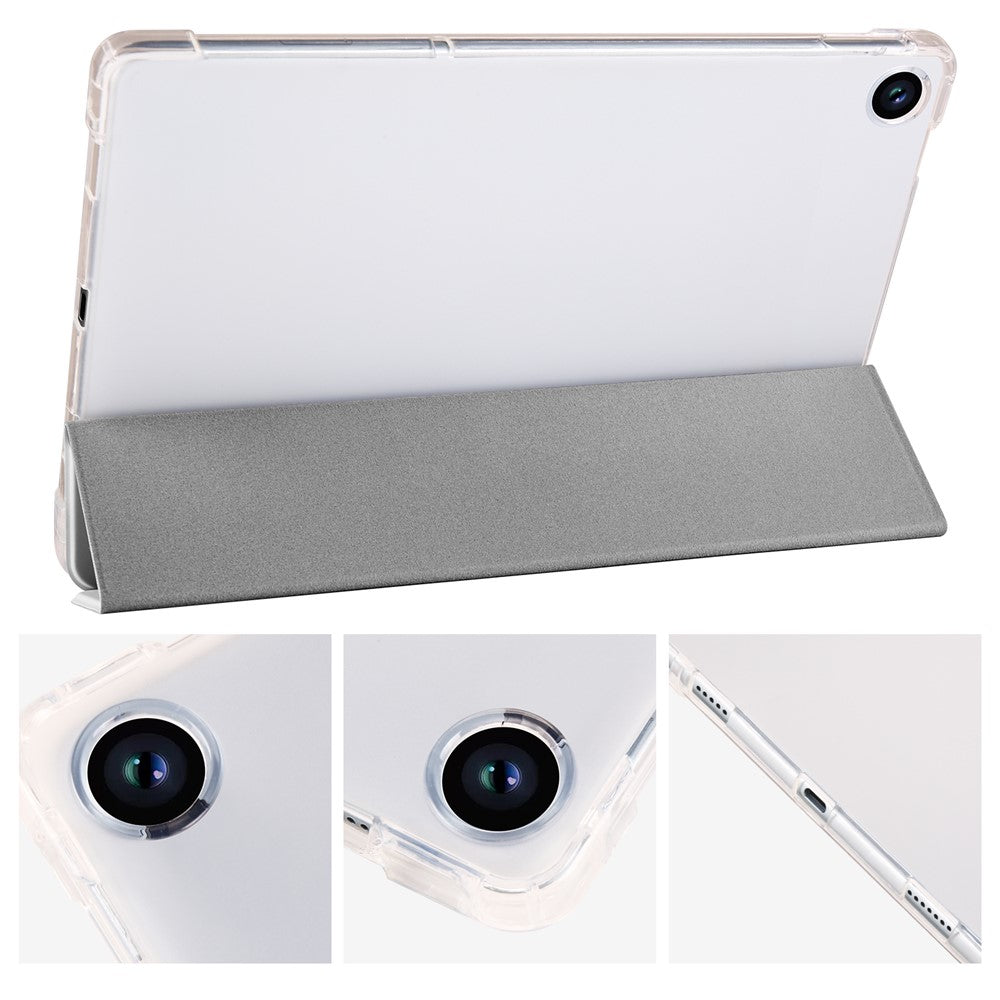 For Lenovo Tab M10 Plus (3rd Gen) Tri-Fold Stand Tablet Case Transparent Back PU Leather Flip Cover with Pencil Holder - Grey