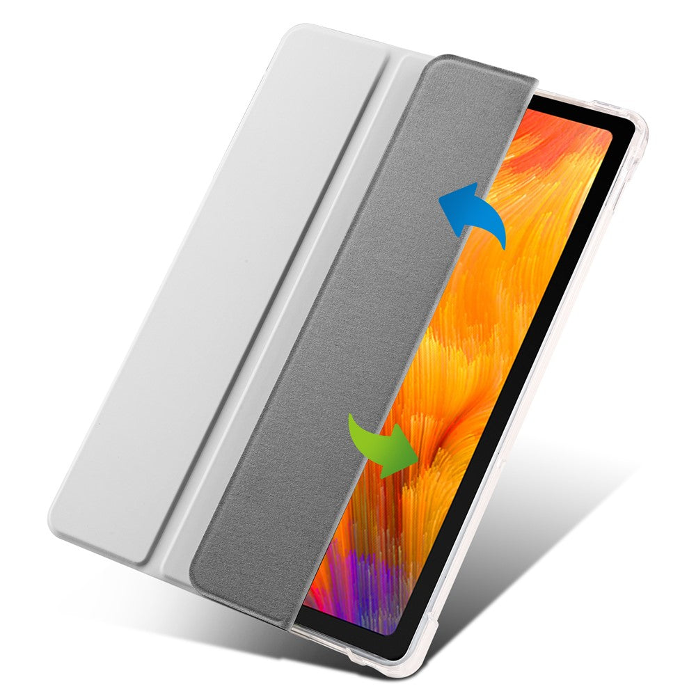 For Lenovo Tab M10 Plus (3rd Gen) Tri-Fold Stand Tablet Case Transparent Back PU Leather Flip Cover with Pencil Holder - Grey
