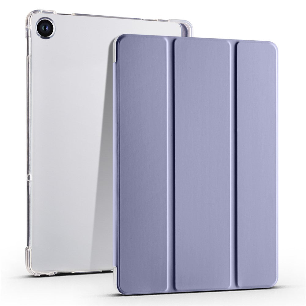 For Lenovo Tab M10 Plus (3rd Gen) Tri-Fold Stand Tablet Case Transparent Back PU Leather Flip Cover with Pencil Holder - Purple