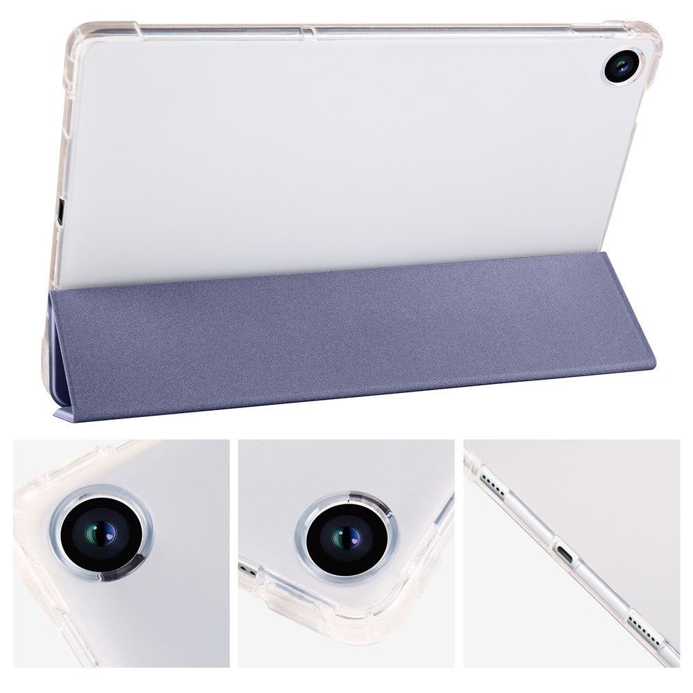 For Lenovo Tab M10 Plus (3rd Gen) Tri-Fold Stand Tablet Case Transparent Back PU Leather Flip Cover with Pencil Holder - Purple