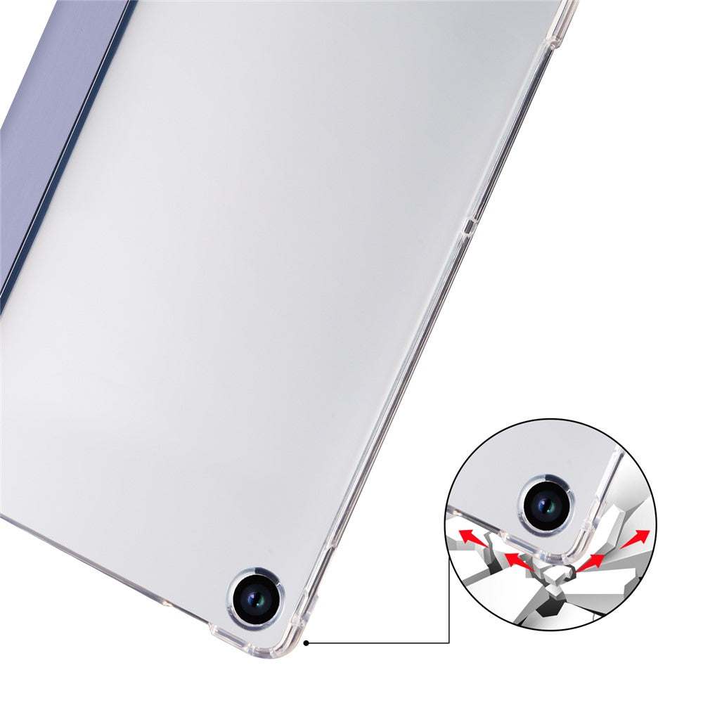 For Lenovo Tab M10 Plus (3rd Gen) Tri-Fold Stand Tablet Case Transparent Back PU Leather Flip Cover with Pencil Holder - Purple