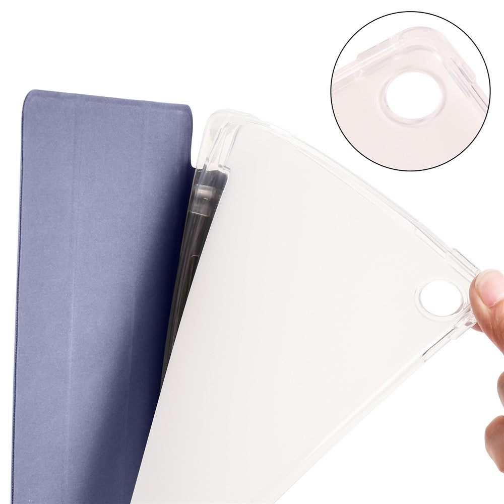 For Lenovo Tab M10 Plus (3rd Gen) Tri-Fold Stand Tablet Case Transparent Back PU Leather Flip Cover with Pencil Holder - Purple