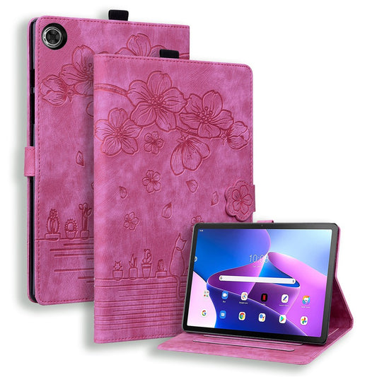 For Lenovo Tab M10 (Gen 3) TB-328XU / TB-328FU PU Leather Stand Tablet Case Imprinted Flower Cat Card Holder Cover - Rose