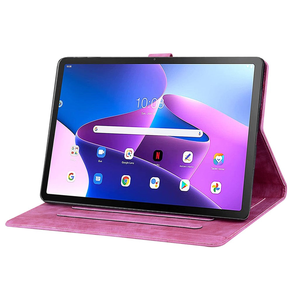 For Lenovo Tab M10 (Gen 3) TB-328XU / TB-328FU PU Leather Stand Tablet Case Imprinted Flower Cat Card Holder Cover - Rose